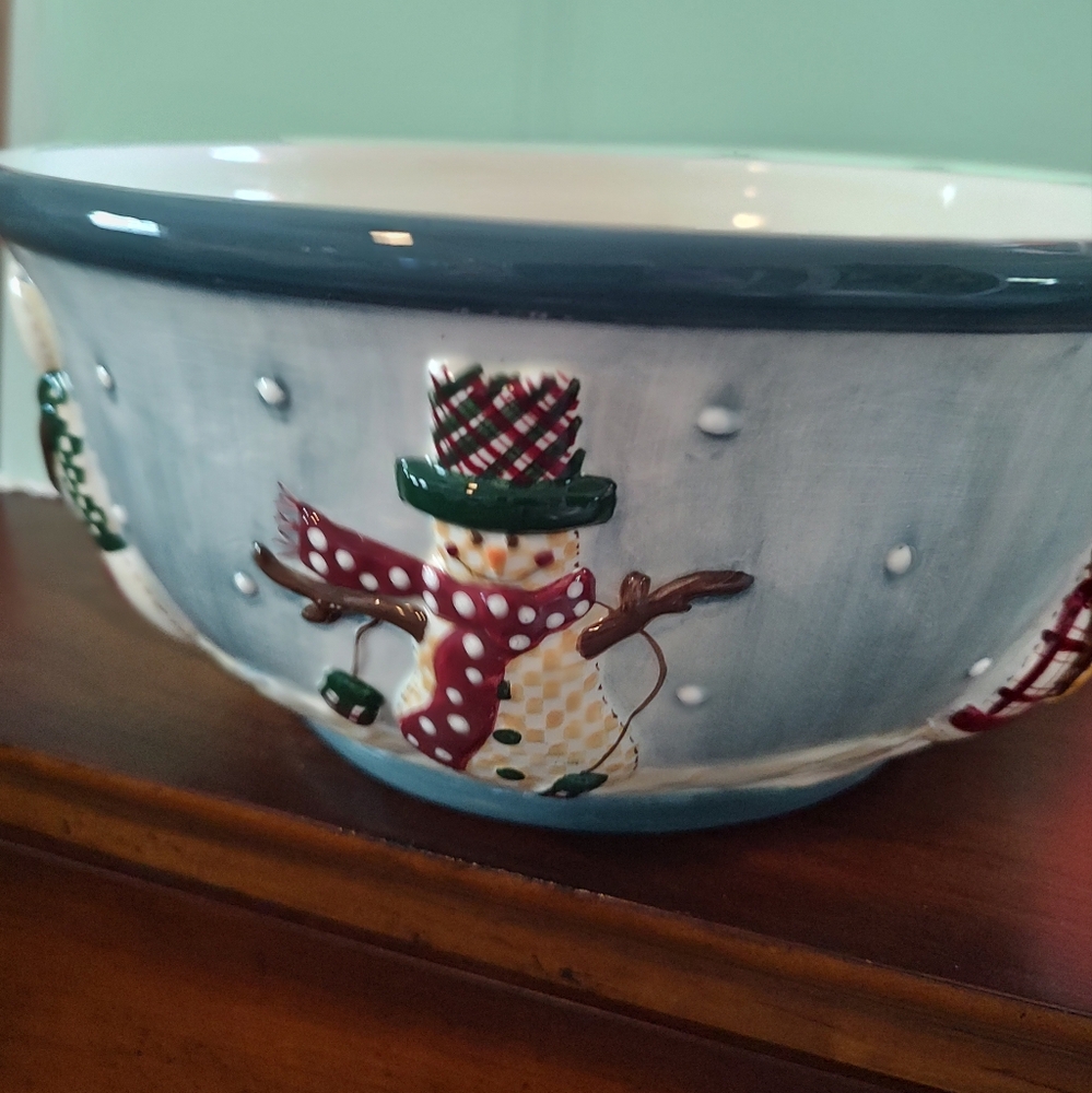 Blue and Red Holiday Decor Bowl with Snowman